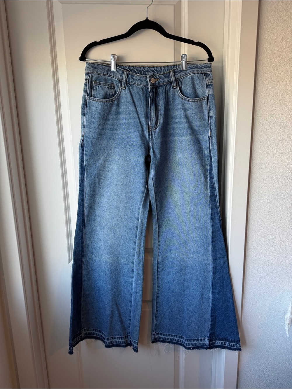 Two-Tone Blue Wide-Leg Flare Jeans